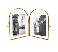 Isaac Jacobs Cornice portafoto sospesa vintage in ottone a forma di arco e vetro, fronte/retro, con chiusura a medaglione, espositore da tavolo, verticale, 10 x 15 cm, oro anticato