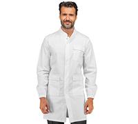 Isacco Camice Bianco da Laboratorio Antiacido Certificato CE III Categoria - Marca Italiana Modello Unisex, Elastici ai Polsi, Tre Tasche Chiuse con Aletta a strappo e Clip Nascosta + Ricamo/Occhiali