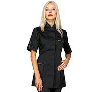Isacco - Casacca Mezza Manica Slim Antigua Donna per Infermiere, Dentista, Fisioterapista, Medico, Dottore, Estetista, in Poliestere, Chiusura Bottoni, Collo alla Coreana (Nero-Grigio S)