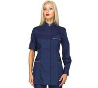 Isacco - Casacca Slim Antigua Donna per Infermiere, Dentista, Fisioterapista, Medico, Dottore, Estetista, Laboratorio, in Poliestere, Chiusura Bottoni, Collo alla Coreana (Grigio-Blu S)