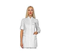 Isacco - Casacca Slim Antigua Donna per Infermiere, Dentista, Fisioterapista, Medico, Dottore, Estetista, Laboratorio, in Poliestere, Chiusura Bottoni, Collo alla Coreana (Grigio-Bianco S)