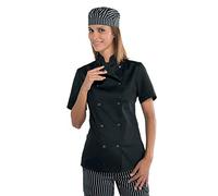 Isacco Giacca Lady Chef Nero, Nero, M, 65% Poliestere 35% Cotone, Mezza Manica, Bottoni a pressione - Tessuto 195 gr/m²