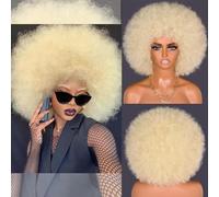 ISAMY Parrucca afro anni '70 per donne di colore, capelli corti ricci afro crespi rimbalzanti enormi soffici parrucca sintetica di alta qualità per cosplay e uso quotidiano (platino)