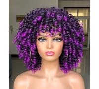 ISAMY Parrucca afro riccia con frangia, corta, crespa, riccia, per donne nere, in fibra sintetica, capelli morbidi, parrucca afro corta e riccia (viola sfumato)