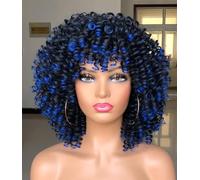 ISAMY Parrucca afro riccia con frangia, corta, crespa, riccia, per donne nere, in fibra sintetica, capelli morbidi, parrucca afro corta e riccia (blu sfumato)