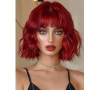 ISAMY Parrucca corta a caschetto con frangia, lunghezza alle spalle, parrucca da donna a caschetto riccia ondulata, sintetica, per cosplay, per ragazze, uso quotidiano, parrucca colorata (rosso)