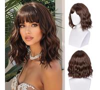 ISAMY Parrucca corta a caschetto con frangia, lunghezza alle spalle, parrucca sintetica da donna, capelli ricci ondulati, per cosplay, per uso quotidiano, parrucca colorata (marrone)