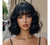 ISAMY Parrucca corta a caschetto con frangia, lunghezza alle spalle, parrucca sintetica da donna, capelli ricci ondulati, per cosplay, per uso quotidiano, parrucca colorata (nero)
