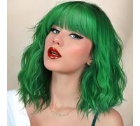 ISAMY Parrucca corta a caschetto con frangia, lunghezza alle spalle, parrucca sintetica da donna, ricci e ondulati, per cosplay, per ragazze, uso quotidiano, parrucca colorata (verde scuro)
