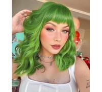 ISAMY Parrucca corta a caschetto con frangia, lunghezza alle spalle, parrucca sintetica da donna, riccia e ondulata, per cosplay, per ragazze, uso quotidiano, parrucca colorata (verde chiaro)