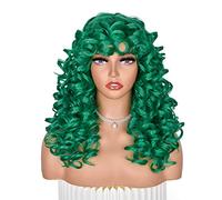 ISAMY Parrucca lunga e riccia per donne nere, parrucca afro riccia con frangia, da donna, grande, rimbalzante, soffice, in fibra sintetica, senza colla, per cosplay e uso quotidiano (verde)