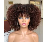 ISAMY Parrucca riccia afro bomb da 35,6 cm, per donne di colore, parrucca corta afro crespo riccia con frangia, parrucca piena e riccia (marrone scuro)