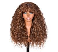 ISAMY Parrucca riccia con frangia, da donna, con attaccatura dei capelli in pizzo, parrucca lunga e riccia, bordeaux, per uso quotidiano (evidenziazione marrone)