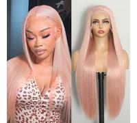 ISAMY Parrucca sintetica con pizzo frontale, parrucca HD senza colla, capelli lunghi e lisci, per donne nere (rosa chiaro)