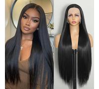 ISAMY Parrucca sintetica con pizzo frontale, parrucca HD senza colla, parrucca lunga e dritta pre-pizzicata per donne nere (nero)