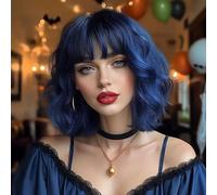 ISAMY Parrucche corte a caschetto con frangia d'aria, lunghezza alle spalle, parrucca da donna, parrucca sintetica riccia ondulata, per cosplay, per ragazze, uso quotidiano, parrucche colorate (blu)