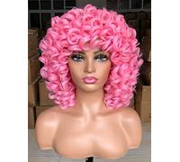 ISAMY Parrucche corte ricce da 35,5 cm, per donne di colore, stile afro, crespo, ricci, con frangia, capelli sintetici morbidi e ondulati (rosa)