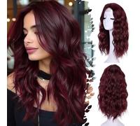 ISAMY Parrucche da 18 pollici per le donne parte centrale capelli sintetici ondulati parrucca per l'uso quotidiano (bordeaux)