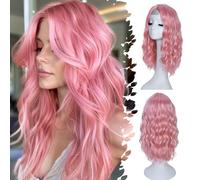 ISAMY Parrucche da 18 pollici per le donne parte centrale capelli sintetici ondulati parrucca per l'uso quotidiano (rosa)