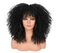 ISAMY Parrucche lunghe e ricce per donne nere Afro Bomb Curly con frangia, parrucca sintetica con capelli afro kinky e ricci, senza adesivo (Nero)