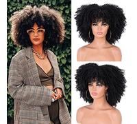 ISAMY Parrucche ricci con bomba afro da 14 pollici per donne nere Breve Afro Kinky parrucca riccia con frangia parrucca piena riccia (nero)