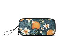 ISAOA Astuccio grande con 3 scomparti, grande capacità, con frutto arancione, fiore e foglia, astuccio portatile di grandi dimensioni, per adolescenti, ragazzi, ragazze, adulti, studenti, Foglia di