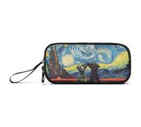 ISAOA Astuccio grande con due cani neri e cielo stellato, grande capacità, 3 scomparti, portatile, grande, per adolescenti, ragazzi, ragazze, adulti, studenti, Due Cani Neri Amore Cielo Stellato