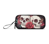 ISAOA Astuccio grande con due teschi e rose rosse, 3 scomparti, portatile, grande, per adolescenti, ragazzi, ragazze, adulti, studenti, Due Teschi Rosa Rossa, Taglia unica, Organizer per borse