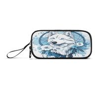 ISAOA Astuccio portapenne di grande capacità con 3 scomparti, astuccio per cancelleria, con fiore blu e bianco, acchiappasogni, lupo, per scuola e ufficio