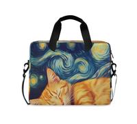 ISAOA Borsa a tracolla compatta per computer portatile, con tracolla imbottita, motivo: pizza formaggio, gatto addormentato e tasca con cerniera per accessori