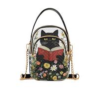 ISAOA Borsa a tracolla da donna, con gatto nero, per libri di lettura, borsa per cellulare, borsa a tracolla in pelle staccabile, Libri di lettura del gatto nero, Taglia unica