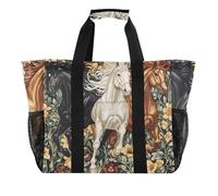 ISAOA Borsa da spiaggia con cavalli neri, bianchi e marroni, da donna, grande, impermeabile, da viaggio, piscina, yoga, infermiera, shopping