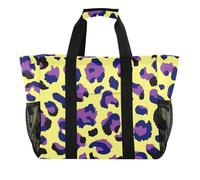 ISAOA Borsa da spiaggia da donna con motivo leopardato viola con sfondo giallo, grande, impermeabile, da viaggio, piscina, yoga, infermiera, shopping