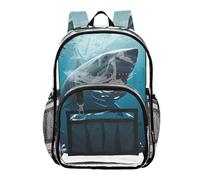 ISAOA Borsa trasparente per ragazzi, ragazze, un grande squalo bianco con una bocca aperta zaino scolastico trasparente, impermeabile e robusto