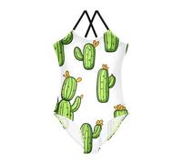 ISAOA Costume da bagno intero da ragazza con cactus verde, costume da bagno da spiaggia con cinghie regolabili, 3-10 anni, Cactus verde., 7-8 Anni