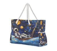 ISAOA Grande borsa da spiaggia a tracolla con cerniera e tasche, un semplice dipinto di un astronauta su un'amaca che guarda la notte stellata per palestra, viaggi, sport