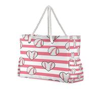 ISAOA Grande borsa da spiaggia borsa a tracolla borsa tote bag con zip e tasche baseball cuore rosa e bianco motivo a strisce per palestra viaggi sport