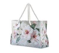 ISAOA Grande borsa da spiaggia, borsa a tracolla con cerniera e tasche, bellissimi fiori bianchi e rosa, per palestra, viaggi, sport