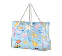 ISAOA Grande borsa da spiaggia, borsa a tracolla con cerniera e tasche, conchiglie di mare disegnate a mano, per palestra, viaggi, sport