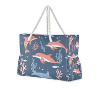 ISAOA Grande borsa da spiaggia, borsa a tracolla con cerniera e tasche, delfini e corallo, per palestra, viaggi, sport