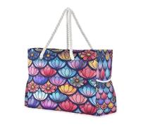 ISAOA Grande borsa da spiaggia, borsa a tracolla con cerniera e tasche, fantasia con squame di sirena con molti fiori per palestra, viaggi, sport