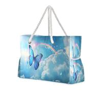 ISAOA Grande borsa da spiaggia, borsa a tracolla con cerniera e tasche, graziosa farfalla blu, arcobaleno, per palestra, viaggi, sport