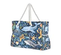 ISAOA Grande borsa da spiaggia, borsa a tracolla con cerniera e tasche, motivo acquerello con mondo marino, per palestra, viaggi, sport