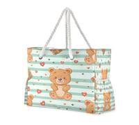 ISAOA Grande borsa da spiaggia, borsa a tracolla con cerniera e tasche, motivo: orso e amore, per palestra, viaggi, sport