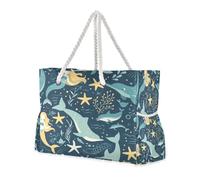 ISAOA Grande borsa da spiaggia, borsa a tracolla con cerniera e tasche, sirene e delfini, per palestra, viaggi, sport