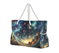 ISAOA Grande borsa da spiaggia, borsa a tracolla con cerniera e tasche, stelle zodiacali nel cielo notturno, per palestra, viaggi, sport