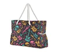 ISAOA Grande borsa da spiaggia, borsa a tracolla con cerniera e tasche, teschio blu, rosa, chitarra, per palestra, viaggi, sport