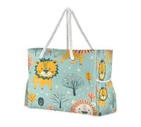 ISAOA Grande borsa da spiaggia, borsa a tracolla con zip e tasche, leone giallo rosa per palestra, viaggi, sport