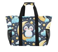ISAOA Graziosa borsa da spiaggia con pinguino sulla luna e stella da donna, grande, impermeabile, da spiaggia, viaggi, piscina, yoga, infermiera, shopping