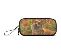 ISAOA Happy Corgi in un campo di fiori astuccio grande capacità 3 scomparti astuccio portamatite portatile grande scatola portamatite astuccio per adolescenti ragazzi ragazze adulti studenti, Felice